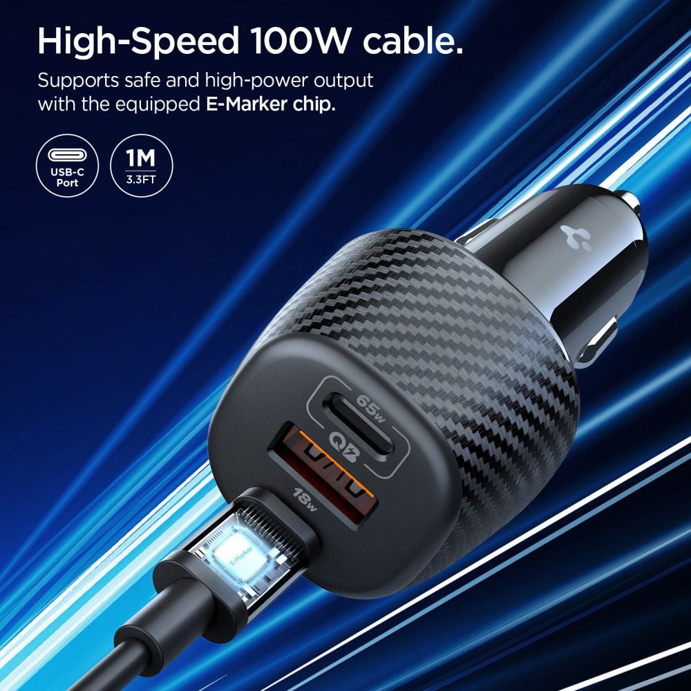 Auto-Ladegerät mit USB-C Kabel Spigen EV1133, 113W, 3.25A, 1 x USB-A - 2 x USB-C, Schwarz