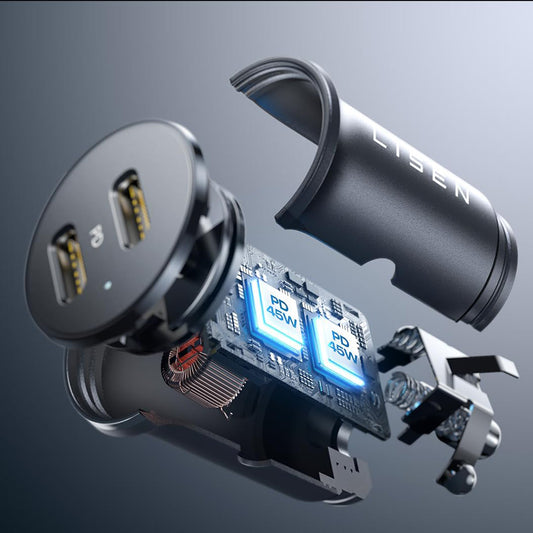 Lisen Car Charger, 45W, 3A, 2 x USB-C, Black YL0223080007