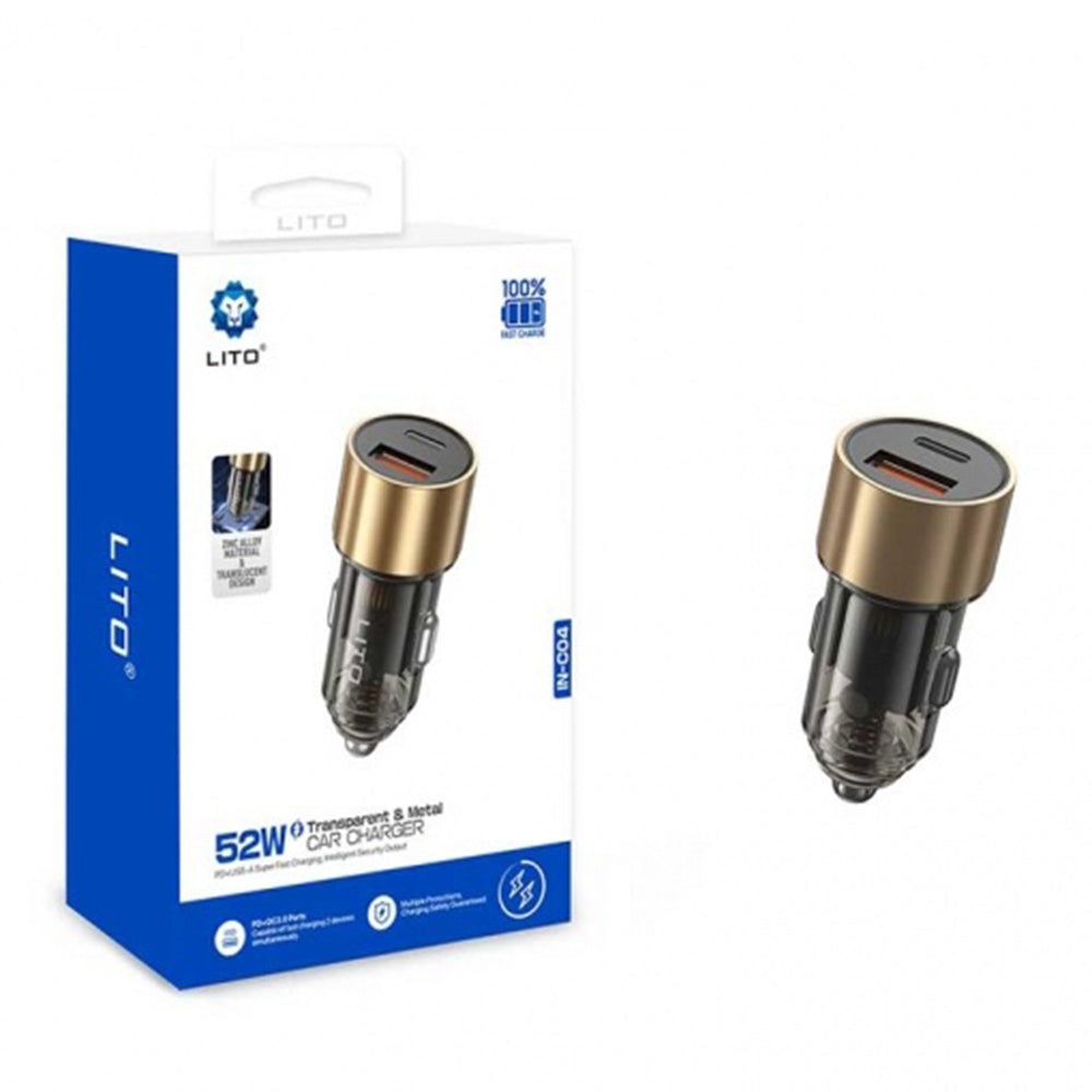 Auto-Ladegerät Lito IN-C04, 52W, 3A, 1 x USB-A - 1 x USB-C, Schwarz