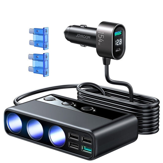Joyroom Autoladegerät JR-CL06, 154W, 3A, 1 x USB-C - 4 x Zigarettenanzünder Verlängerung - 4 x USB-A, Schwarz JYR058BLK JYR058BLK