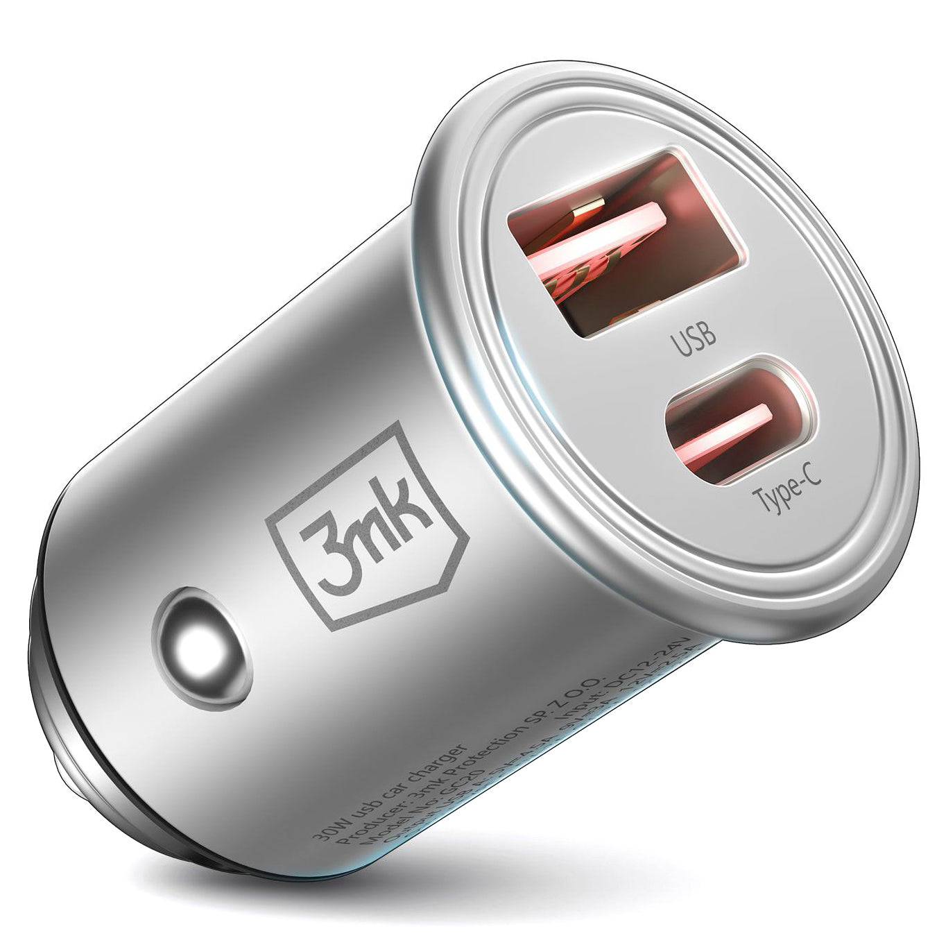 Autoladegerät 3MK HyperCharger, 30W, 5A, 1 x USB-A - 1 x USB-C, Silber