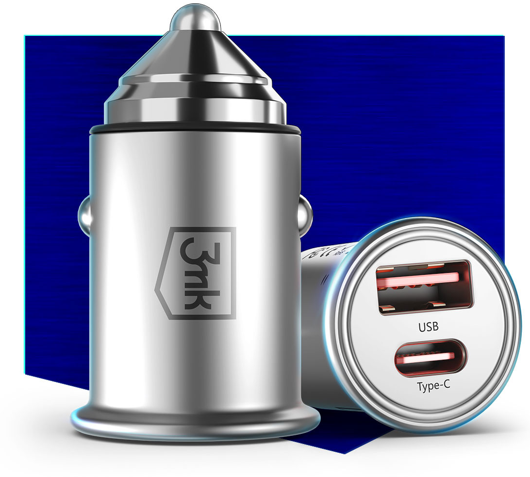 Autoladegerät 3MK HyperCharger, 30W, 5A, 1 x USB-A - 1 x USB-C, Silber