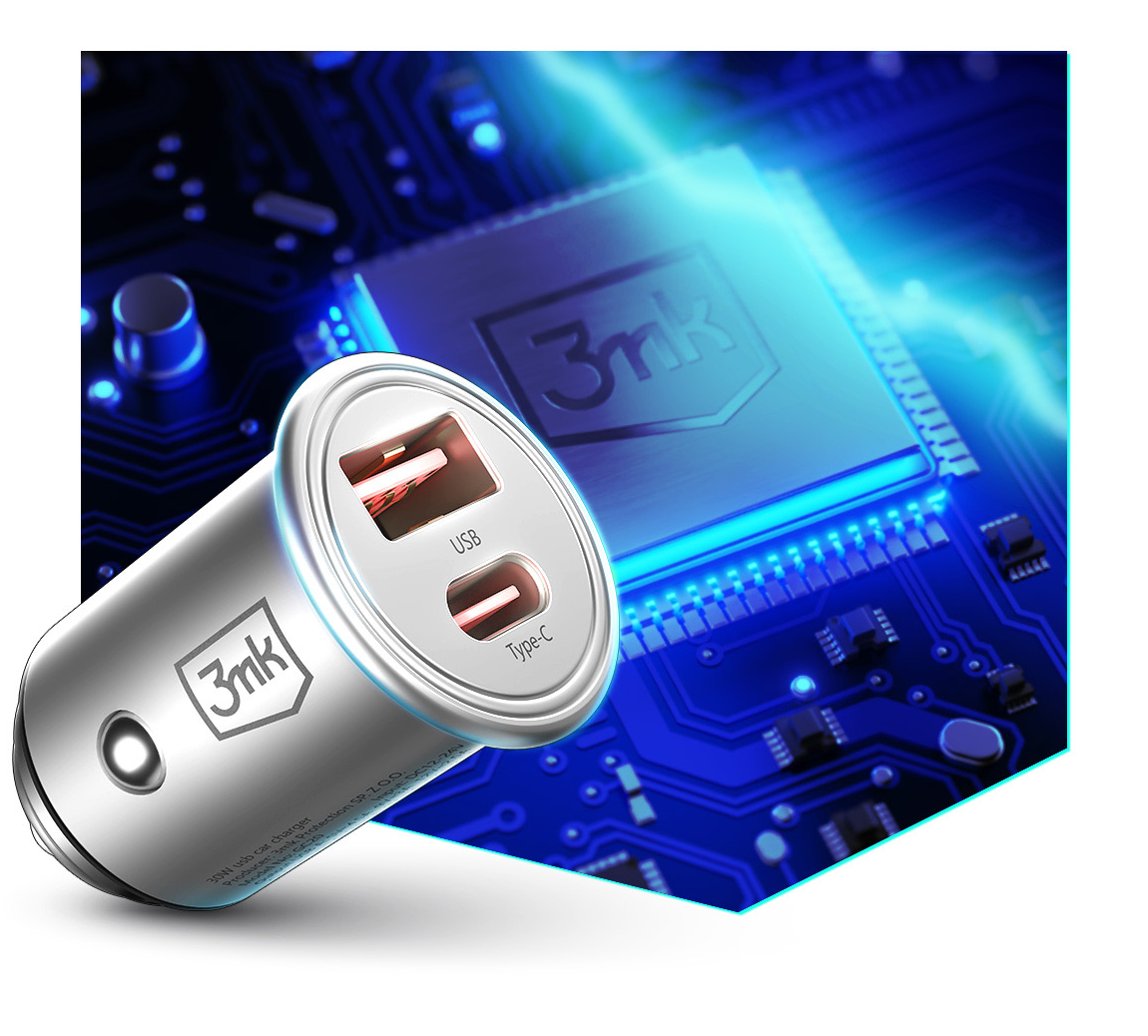 Autoladegerät 3MK HyperCharger, 30W, 5A, 1 x USB-A - 1 x USB-C, Silber