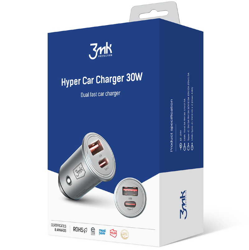 Autoladegerät 3MK HyperCharger, 30W, 5A, 1 x USB-A - 1 x USB-C, Silber