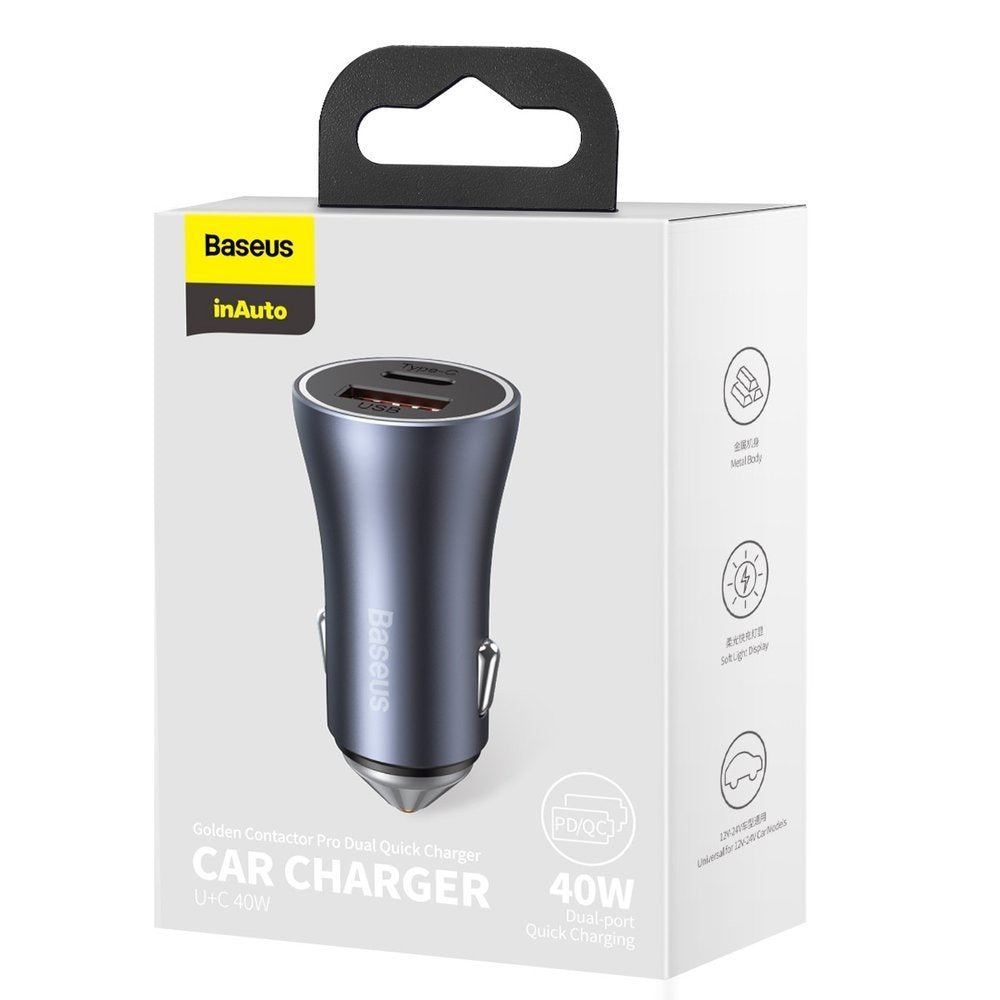 Car Charger Baseus Golden Contactor Pro, 40W, 3A, 1 x USB-A - 1 x USB-C, Grey CCJD-0G