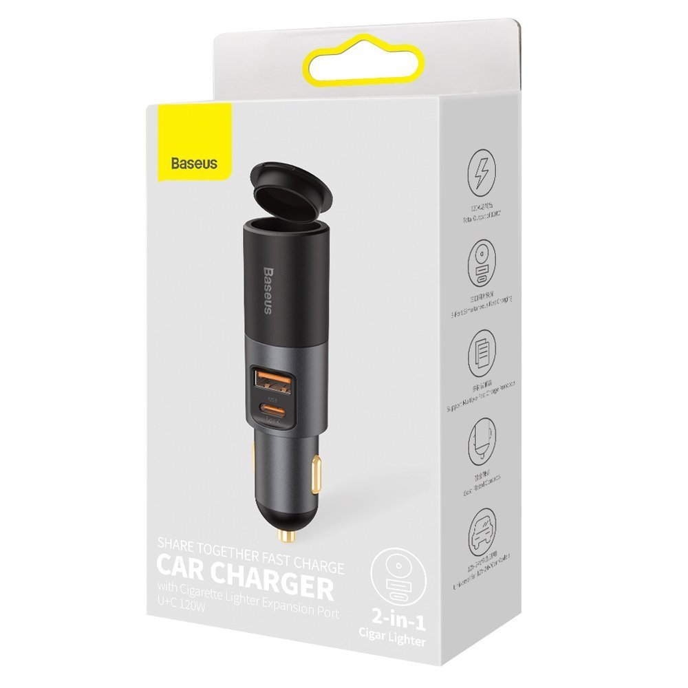 Baseus Share Together Auto-Ladegerät, 120W, 3A, 1 x USB-A - 1 x USB-C - 1 x Zigarettenanzünder-Verlängerung, Grau CCBT-C0G