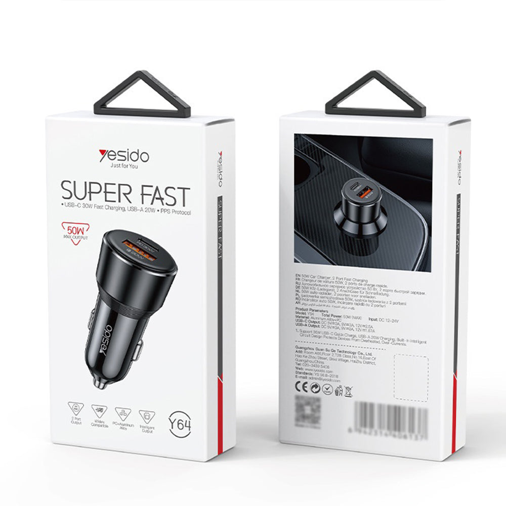 Auto-Ladegerät Yesido Y64, 50W, 3A, 1 x USB-A - 1 x USB-C, Schwarz