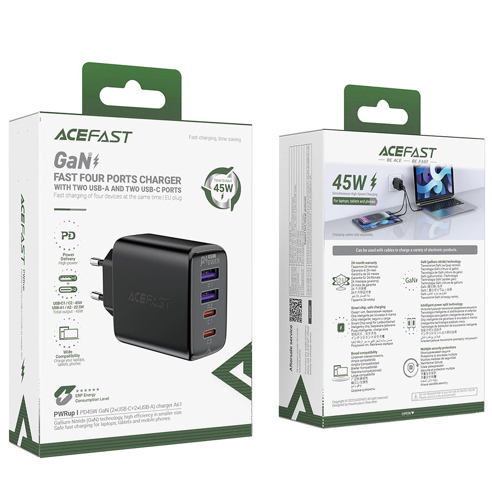 Acefast A61 Netzteil 45W | 2x USB-A & 2x USB-C | PD & QC | Schwarz