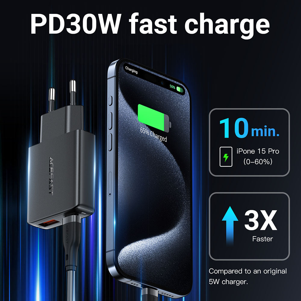 Acefast A69 Network Charger, 30W, 3A, 1 x USB-A - 1 x USB-C, Black