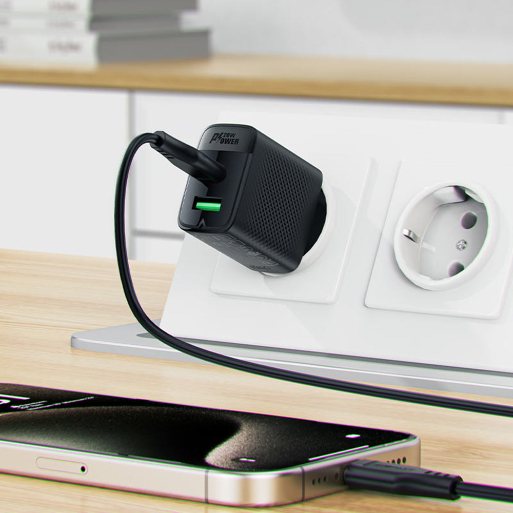 Acefast A78 Network Charger, 20W, 3A, 1 x USB-A - 1 x USB-C, Black