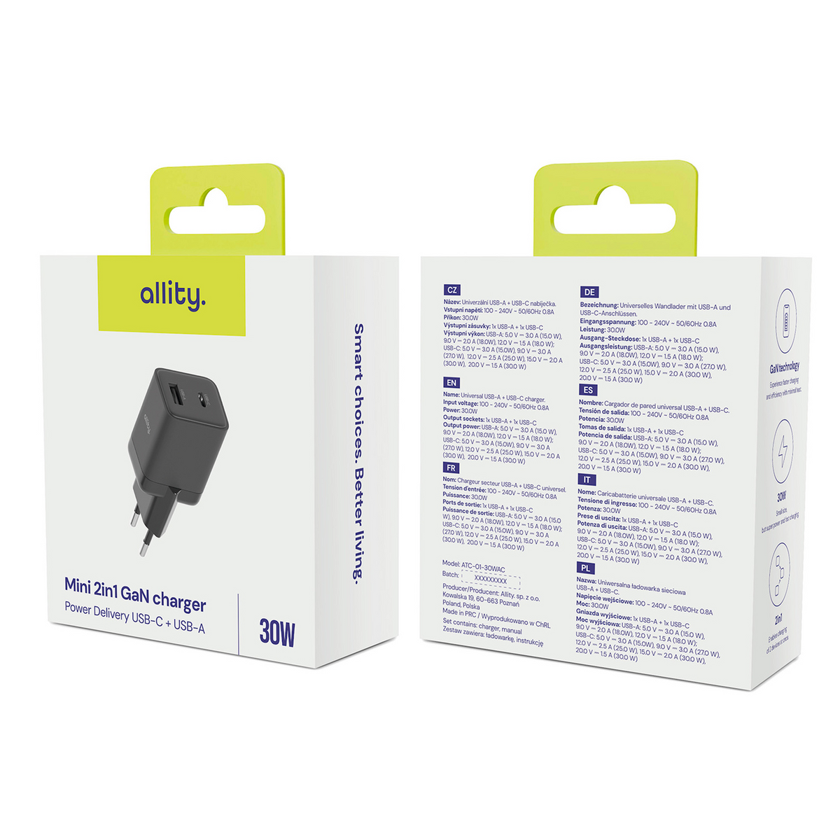 Allity Network Charger. ATC-01-30WAC Mini, 30W, 3A, 1 x USB-A - 1 x USB-C, Black