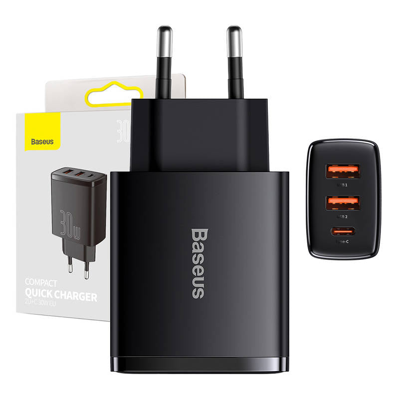 Baseus Compact Network Charger, 30W, 3A, 1 x USB-C - 2 x USB-A, Black CCXJ-E01 CCXJ-E01