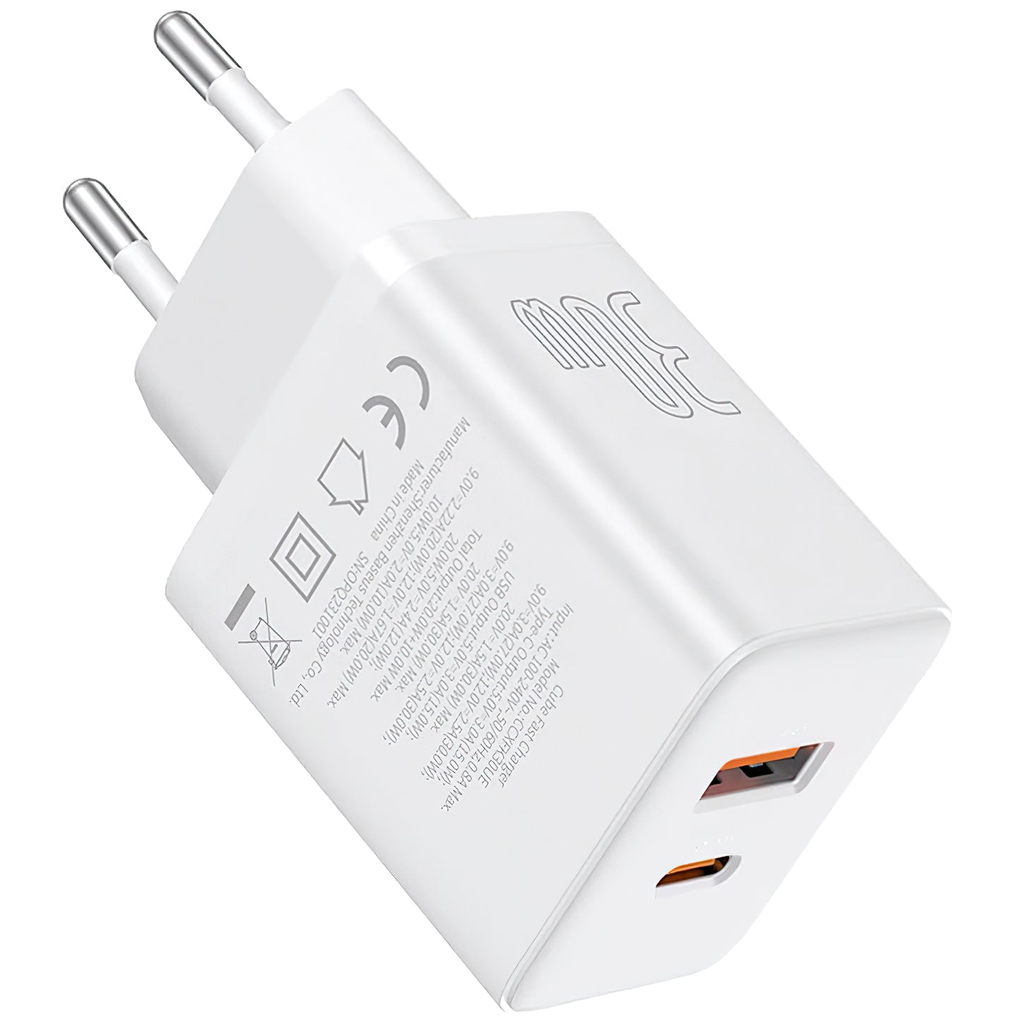 Network Charger Baseus Cube, 30W, 2.4A, 1 x USB-A - 1 x USB-C, White P10111404213-00