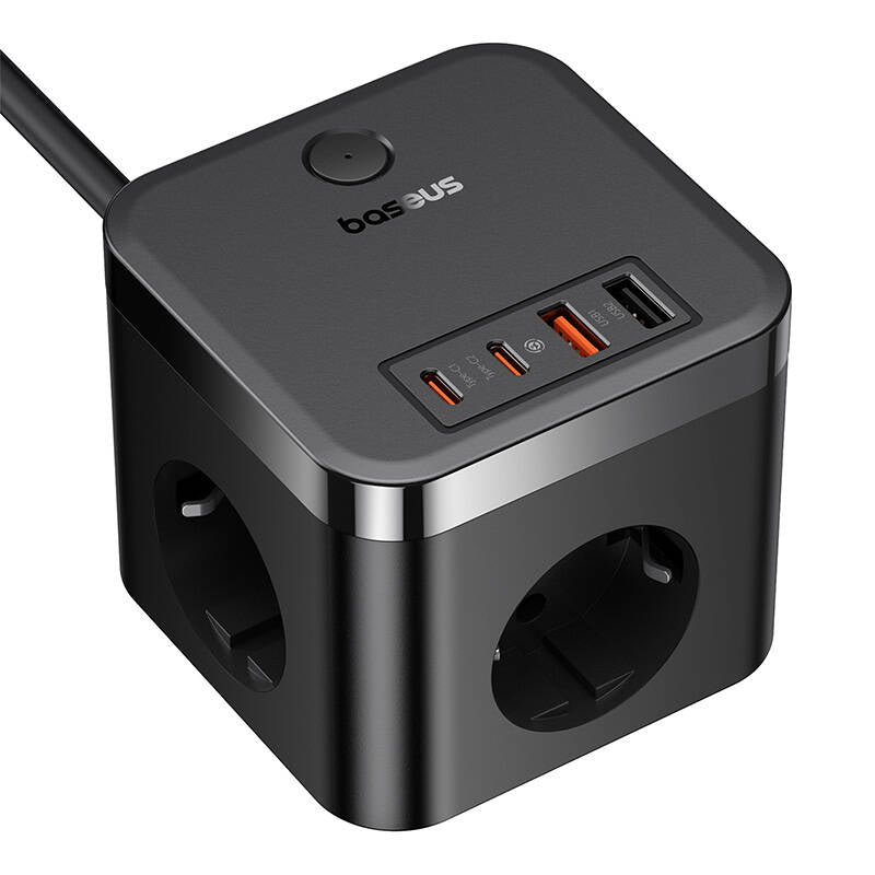Baseus PowerCombo Cube Mehrfachstecker | 3x Schuko & 4x USB | 4000W | 1.5m | Schwarz