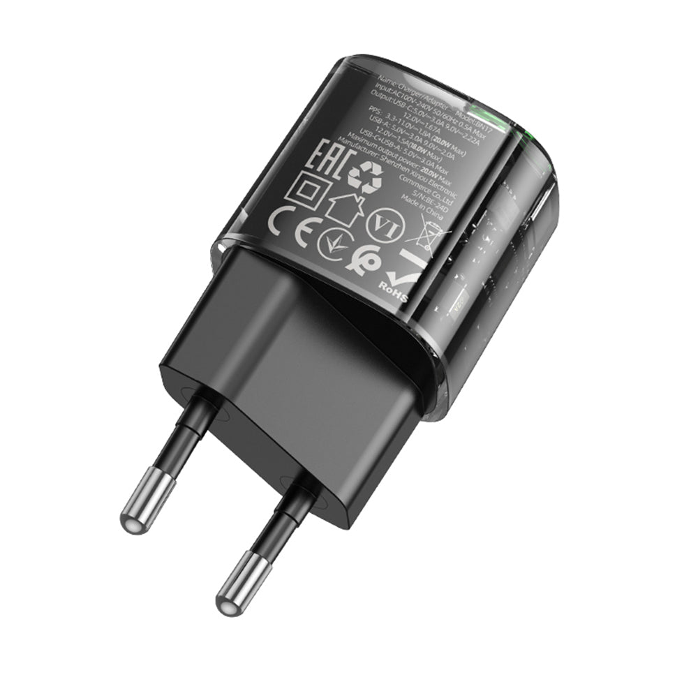 Borofone BN17 Sunlight Network Charger, 20W, 3A, 1 x USB-A - 1 x USB-C, Black