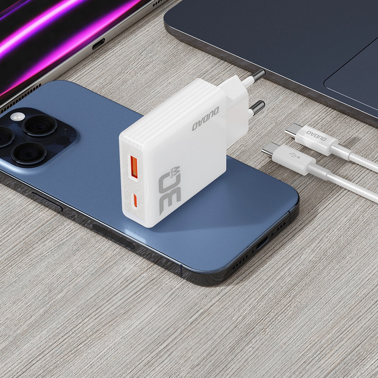 Dudao A30EUT USB-C Kabel Netzwerk-Ladegerät, 30W, 3A, 1 x USB-A - 1 x USB-C, Weiß