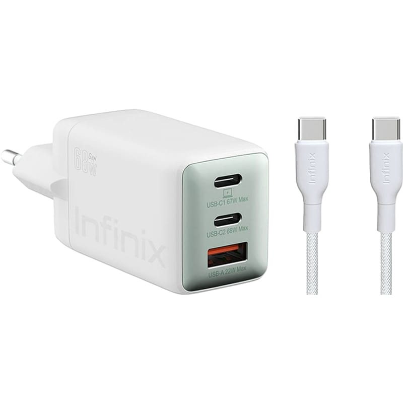 Network Charger with USB-C Cable Infinix XC07868EU + XDC95, 68W, 6.2A, 1 x USB-A - 2 x USB-C, White