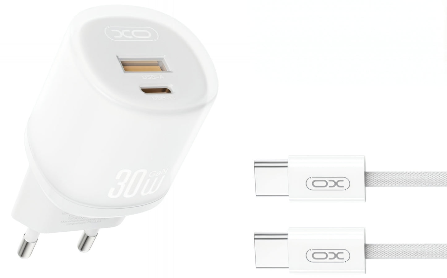 Netzladegerät mit USB-C Kabel XO Design L151, 30W, 3A, 1 x USB-A - 1 x USB-C, Weiß