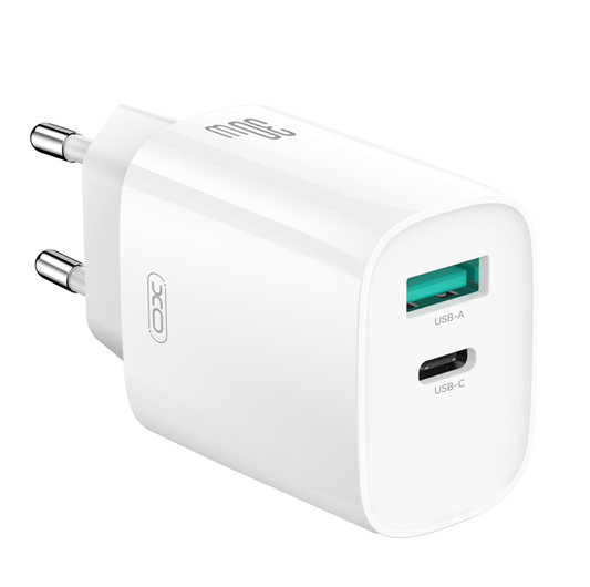Netzladegerät mit Lightning-Kabel XO Design CE30, 30W, 3A, 1 x USB-A - 1 x USB-C, Weiß