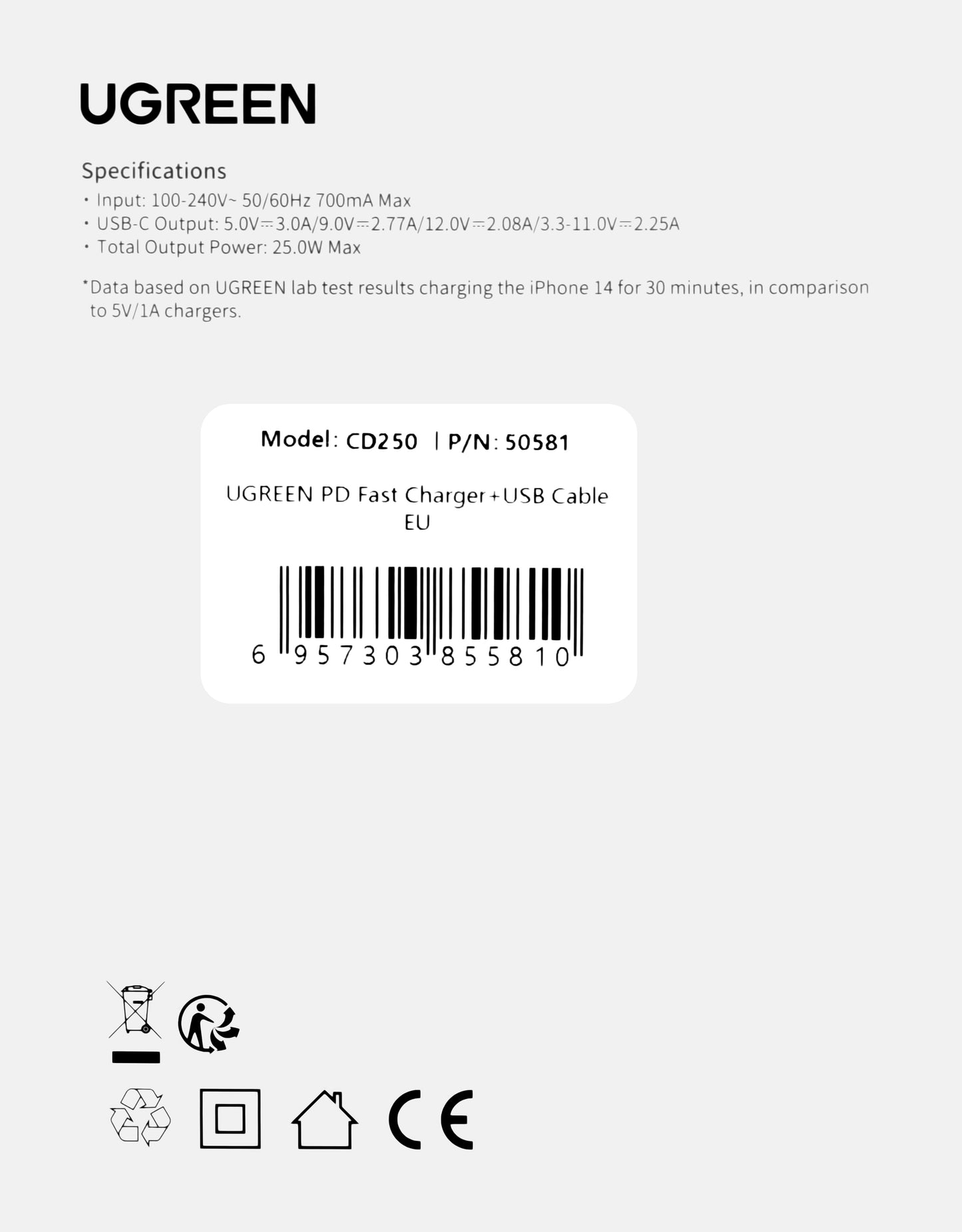 UGREEN CD250, 25W, 3A, 1 x USB-C, 1 x USB-C, Schwarz