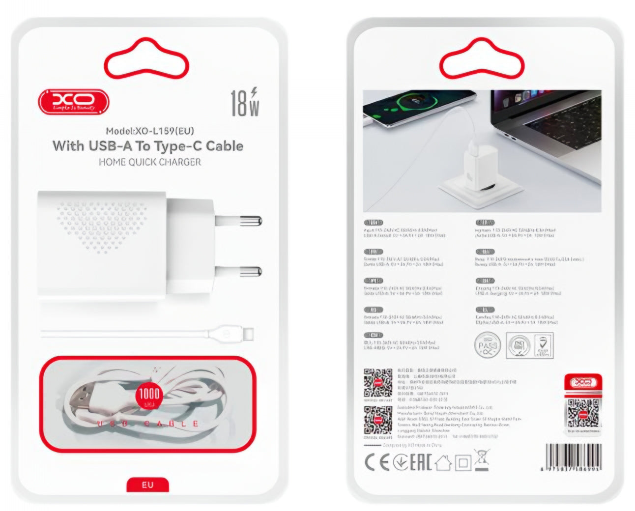 Network Charger with USB-C Cable XO Design L159, 18W, 3A, 1 x USB-A, White