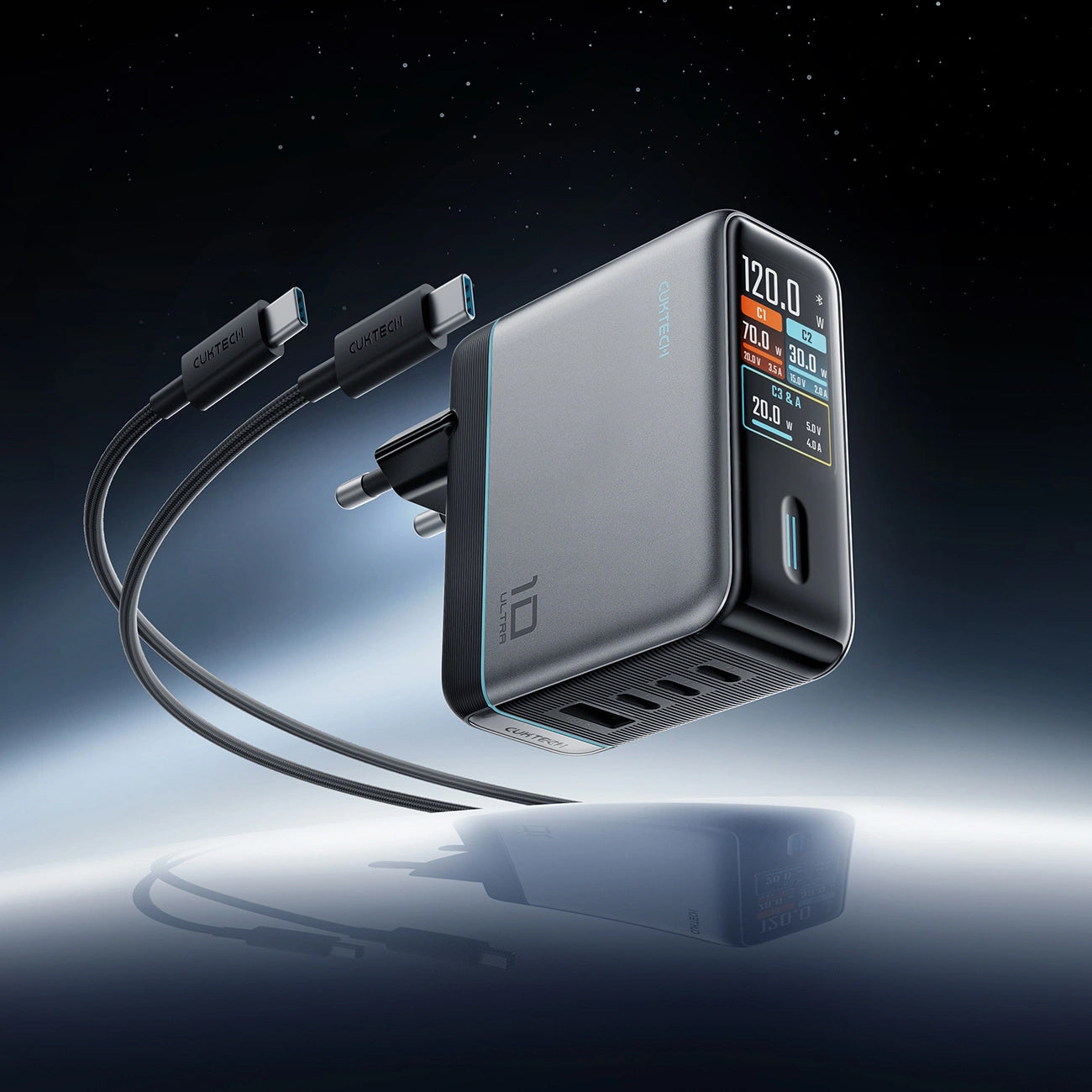 Netzteil mit USB-C-Kabel Cuktech AD1204U Display, 120W, 6A, 1 x USB-A - 2 x USB-C, Silber