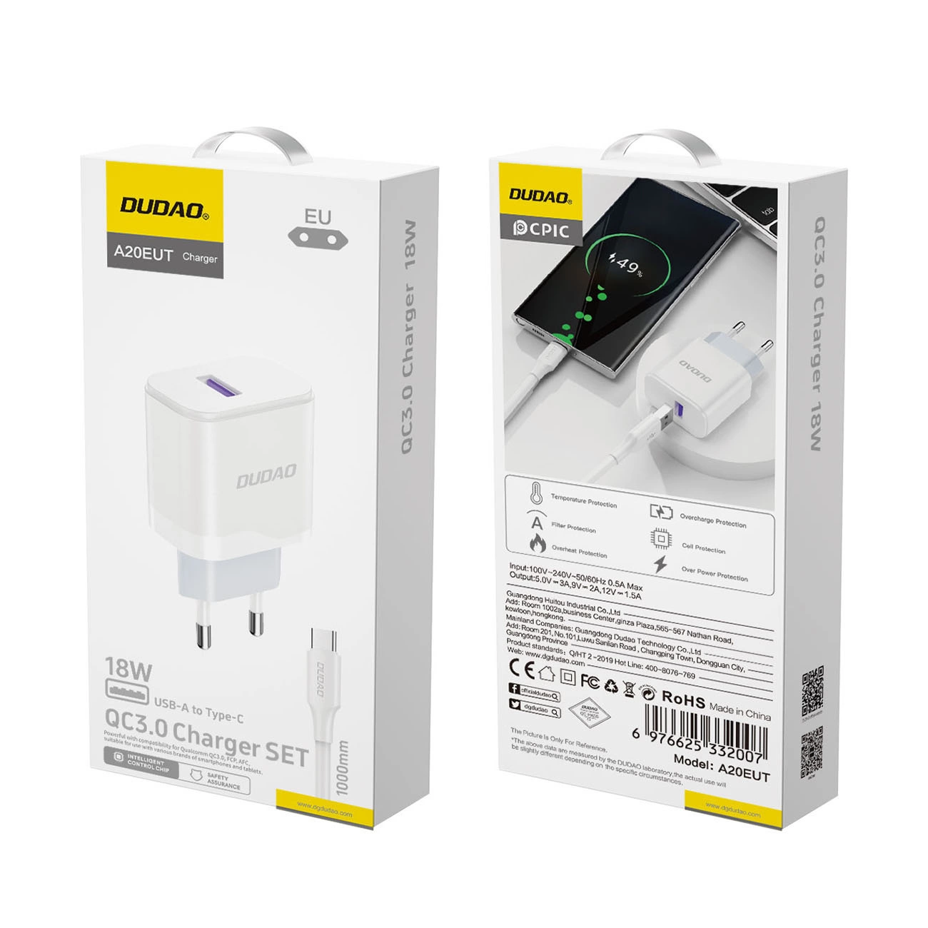 Netzladegerät mit USB-C Kabel Dudao A20EU, 18W, 3A, 1 x USB-A, Weiß