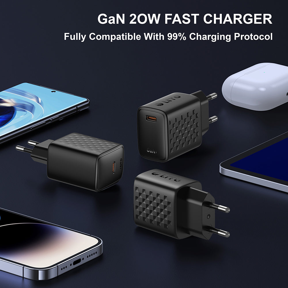 Network Charger with USB-C Cable Lito LC13T, 20W, 3A, 1 x USB-C, Black