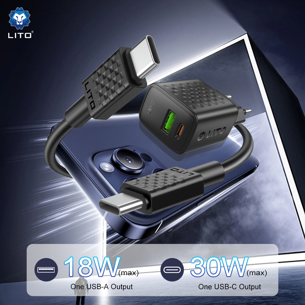 Netzladegerät mit USB-C Kabel Lito LC19T, 30W, 3A, 1 x USB-A - 1 x USB-C, Schwarz