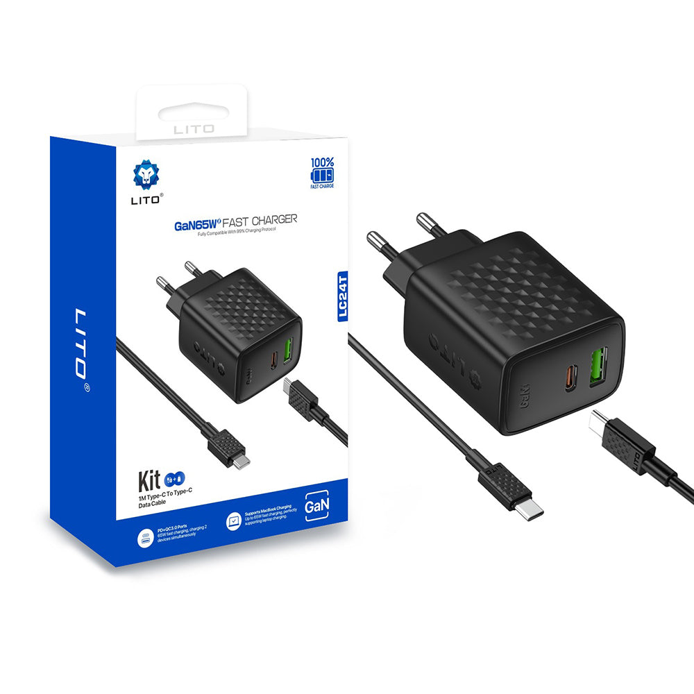 Netzladegerät mit USB-C Kabel Lito LC24T, 65W, 3.25A, 1 x USB-A - 1 x USB-C, Schwarz