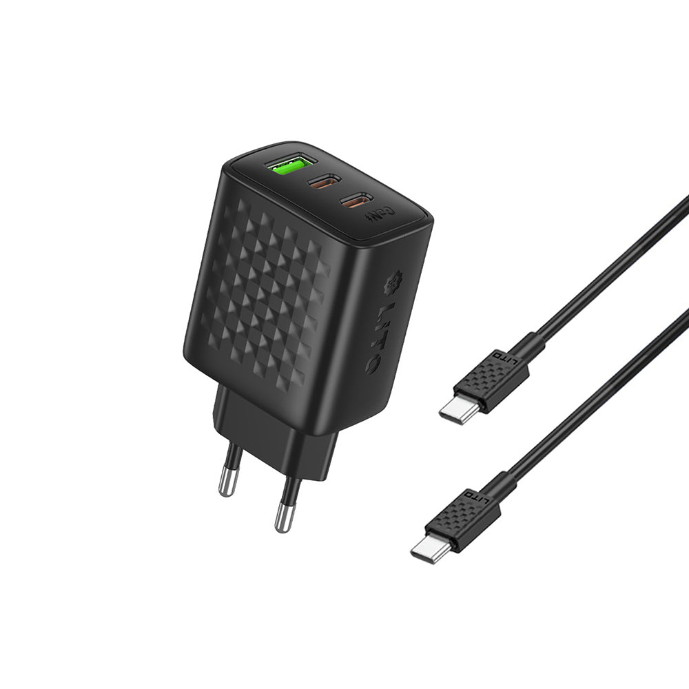 Netzladegerät mit USB-C Kabel Lito LC25T, 65W, 3.25A, 1 x USB-A - 2 x USB-C, Schwarz