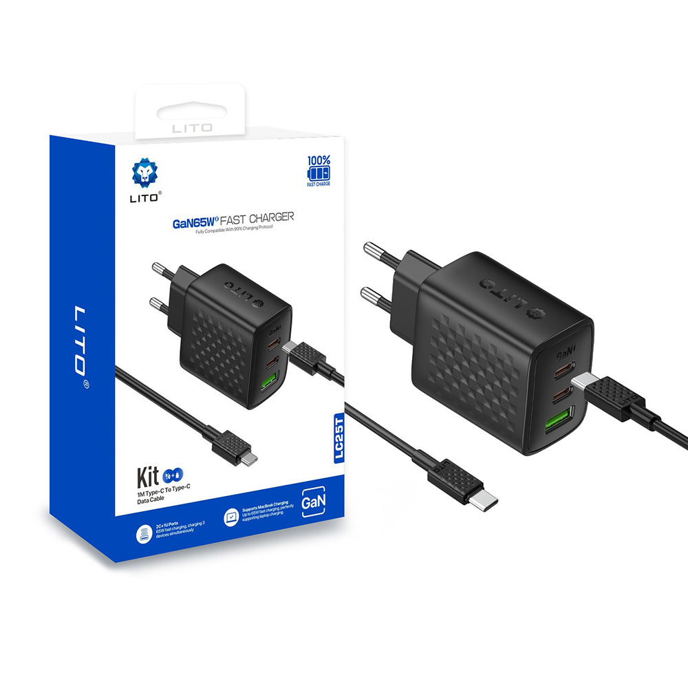 Netzladegerät mit USB-C Kabel Lito LC25T, 65W, 3.25A, 1 x USB-A - 2 x USB-C, Schwarz