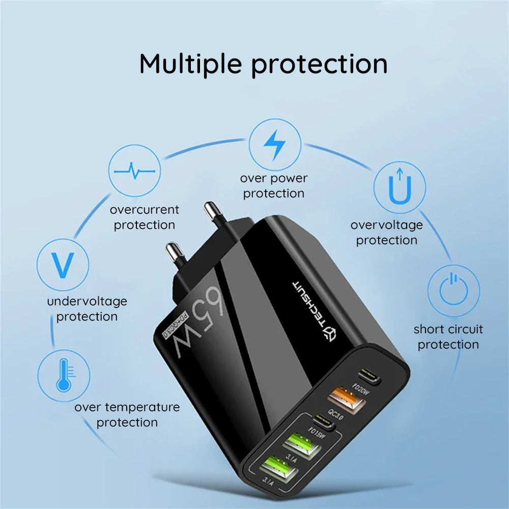 Netzladegerät mit USB-C Kabel Techsuit CHC2 PentaXPower, 20W, 3A, 3 x USB-A - 2 x USB-C, Weiß