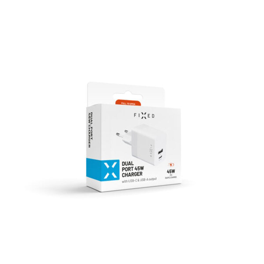 Fixed Mini Network Charger, 45W, 3A, 1 x USB-A - 1 x USB-C, White