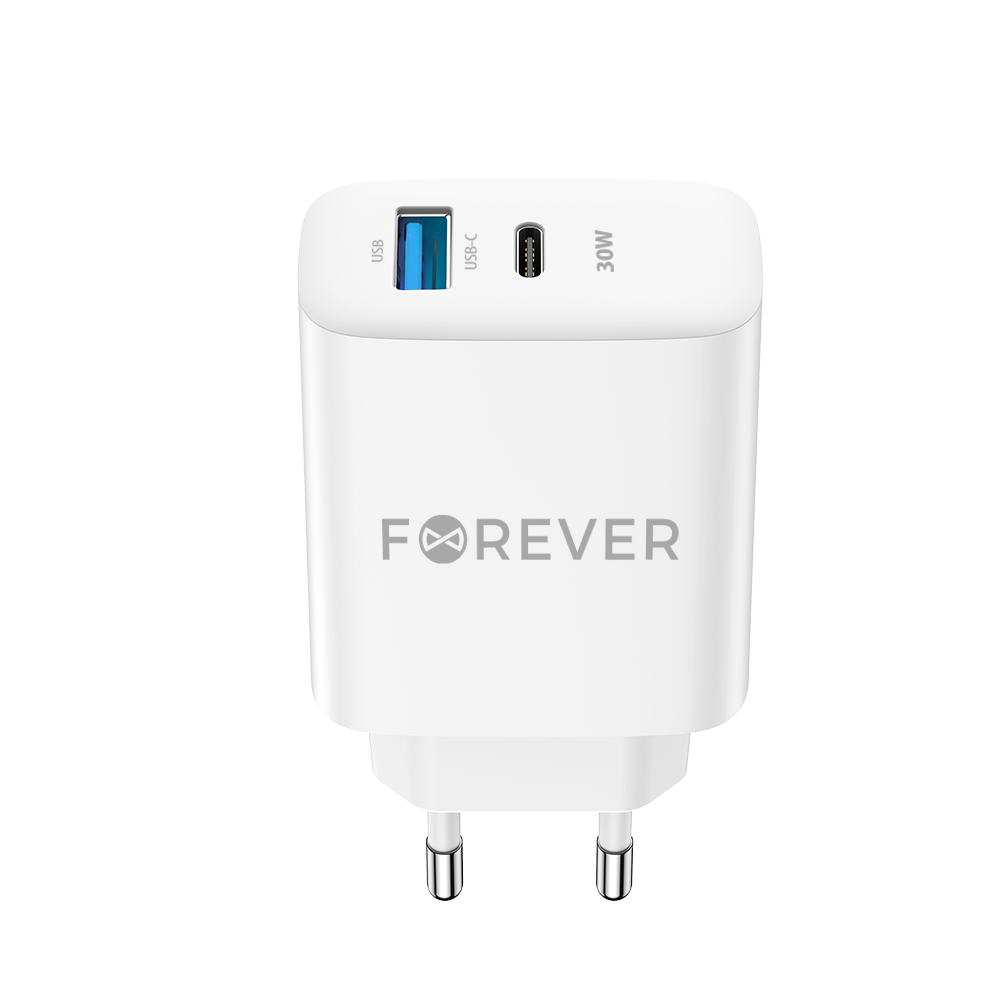 Forever Netzwerk-Ladegerät TC-07-30AC, 30W, 3A, 1 x USB-A - 1 x USB-C, Weiß