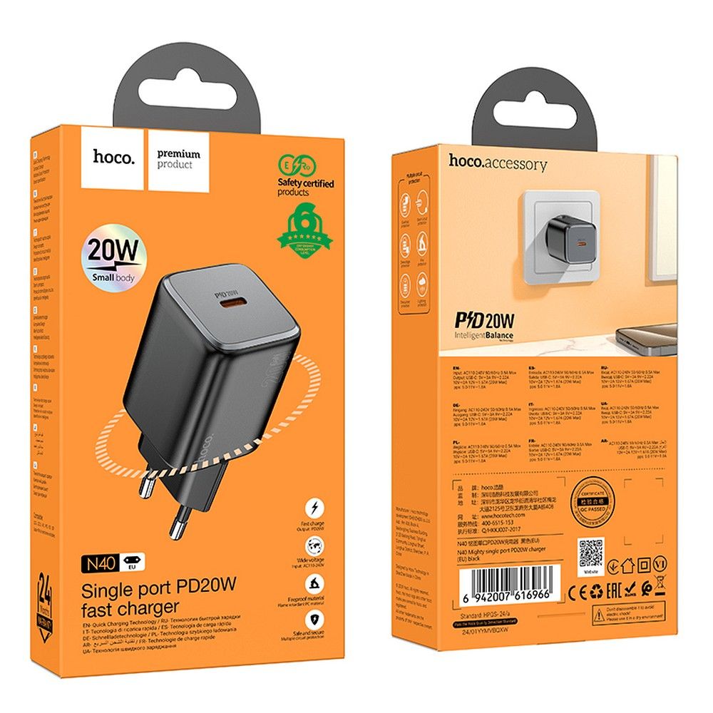 HOCO N40 Network Charger, 20W, 3A, 1 x USB-C, Black