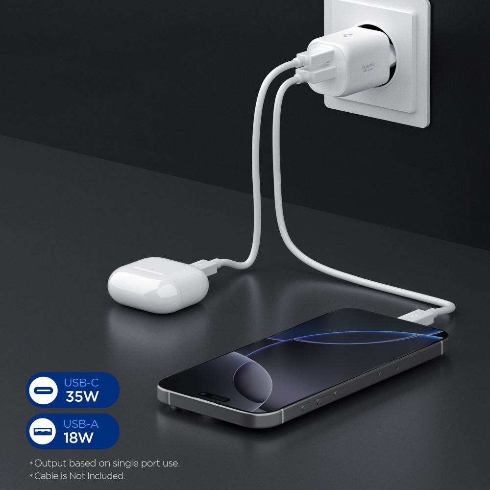 Spigen Essential Netzladegerät, 35W, 3A, 1 x USB-A - 1 x USB-C, Weiß ACH09462