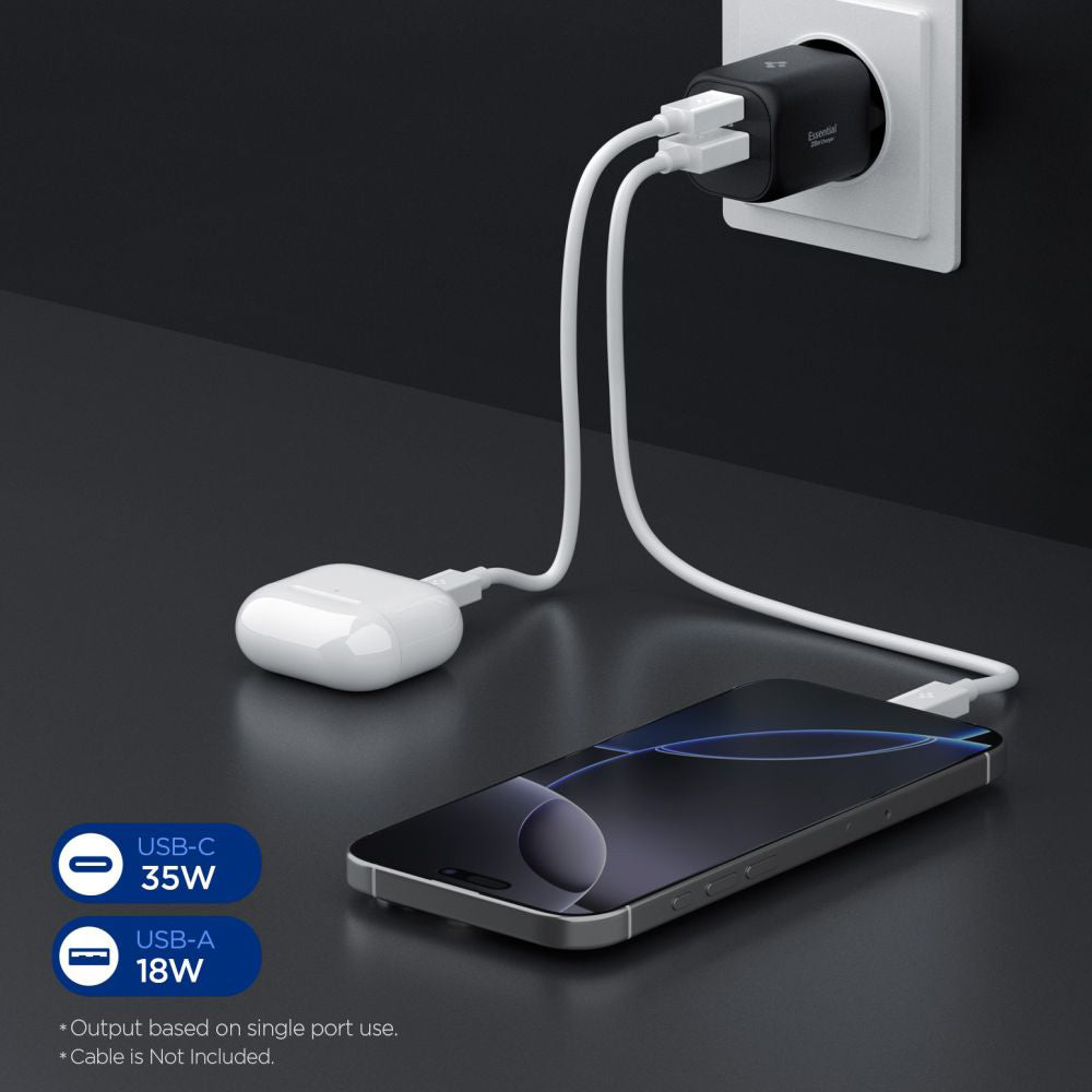 Spigen Essential Netzladegerät, 35W, 3A, 1 x USB-A - 1 x USB-C, Schwarz ACH09463