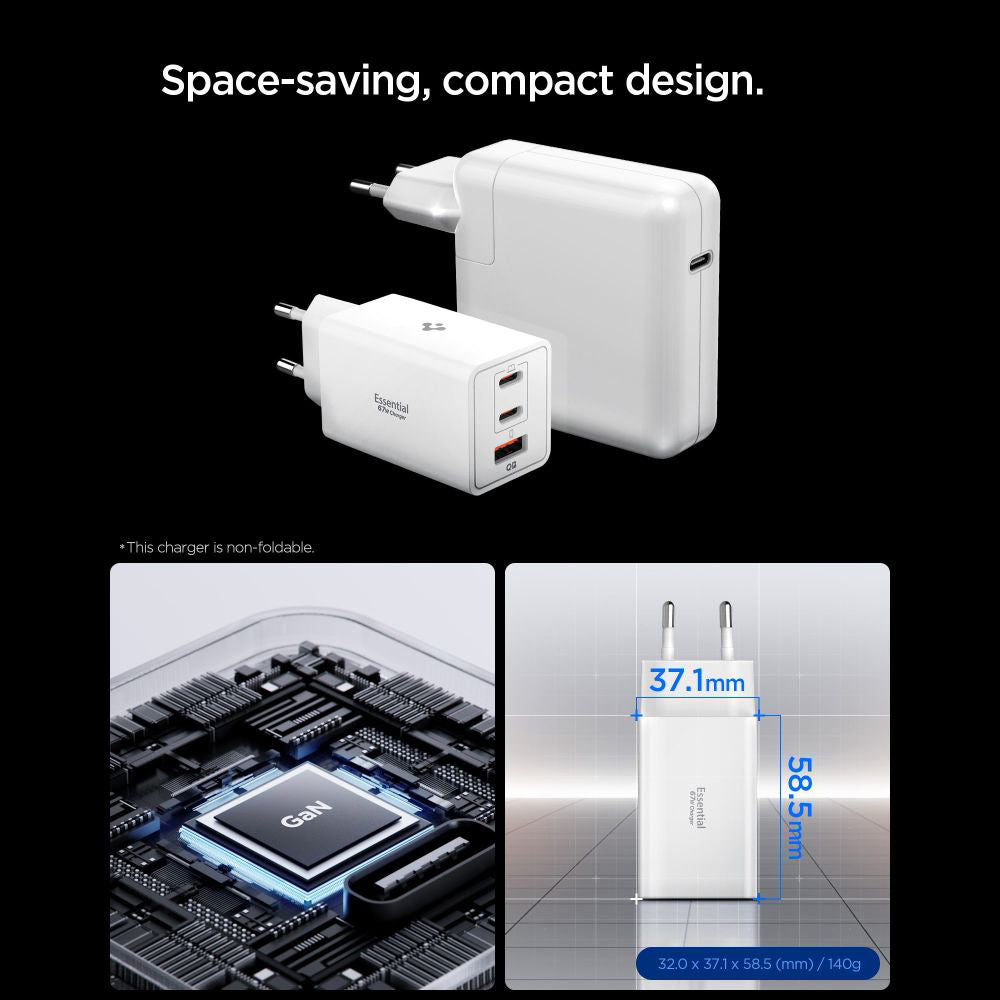 Spigen Essential Netzladegerät, 67W, 3.25A, 1 x USB-A - 2 x USB-C, Weiß ACH08710