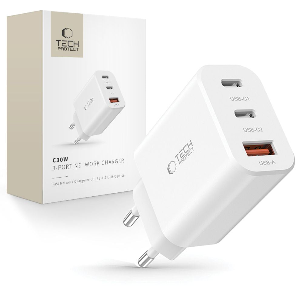 Netzwerk-Ladegerät Tech-Protect NC30W, 30W, 3A, 1 x USB-A - 2 x USB-C, Weiß