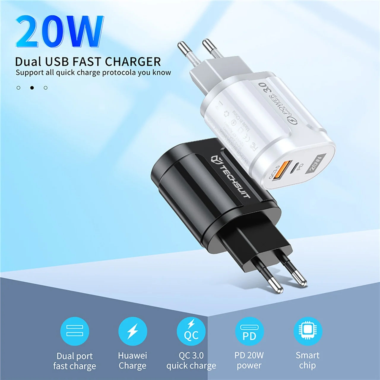 Techsuit Premium Netzladegerät, 20W, 3A, 1 x USB-A - 1 x USB-C, Weiß