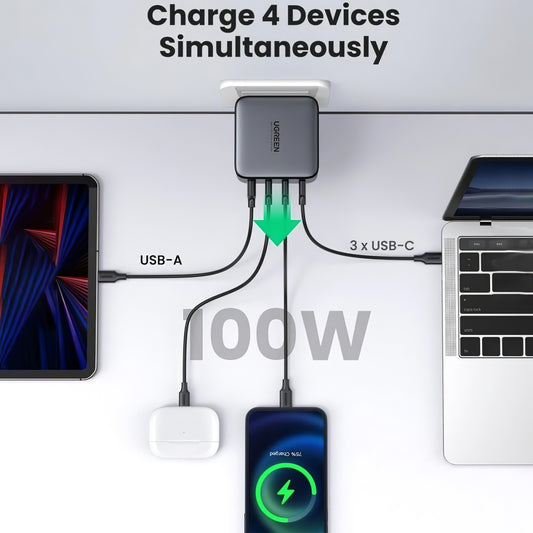Netzwerk-Ladegerät UGREEN CD226, 100W, 3A, 1 x USB-A - 3 x USB-C, Schwarz