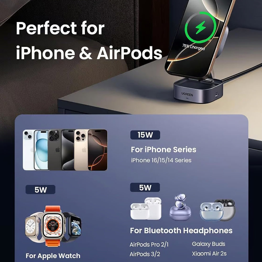 UGREEN W702 3in1 Wireless Netzladegerät, 20W, 1.67A, 1 x USB-C, Schwarz