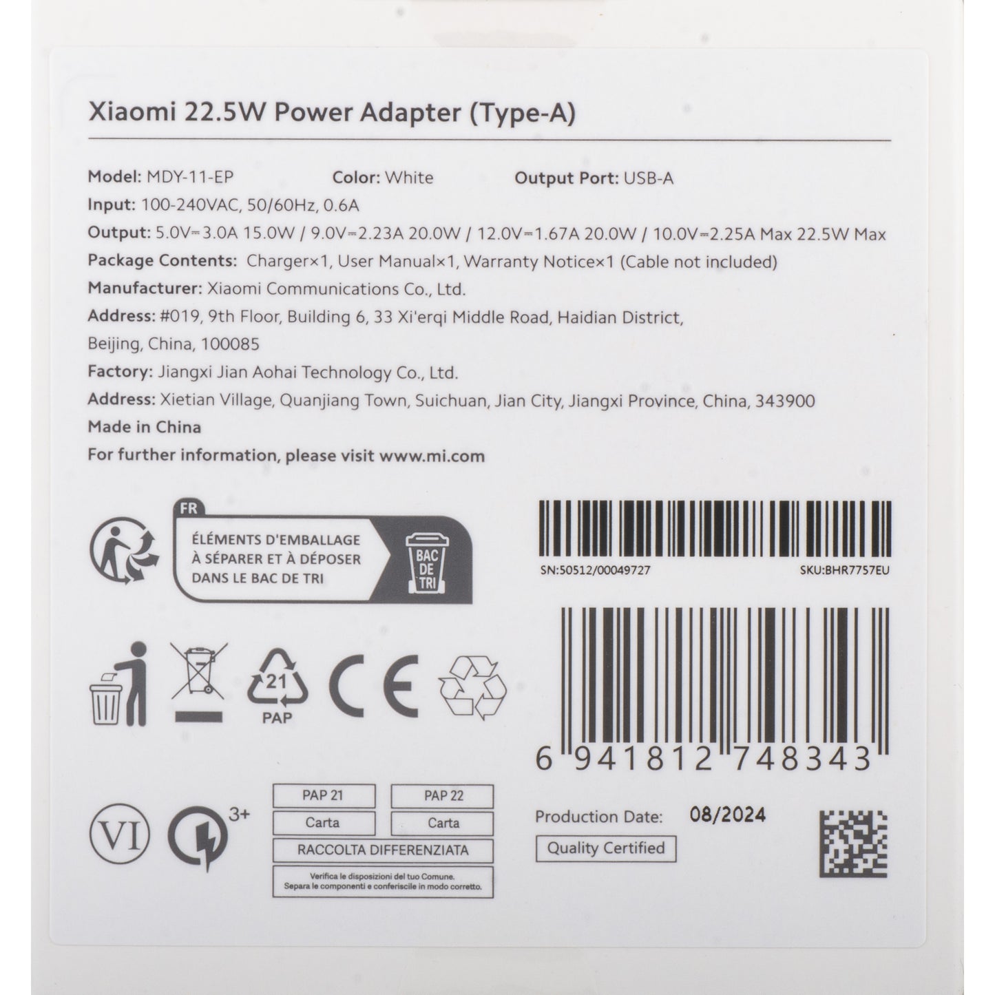 Xiaomi Netzladegerät, 22.5W, 3A, 1 x USB-A, Weiß BHR7757EU