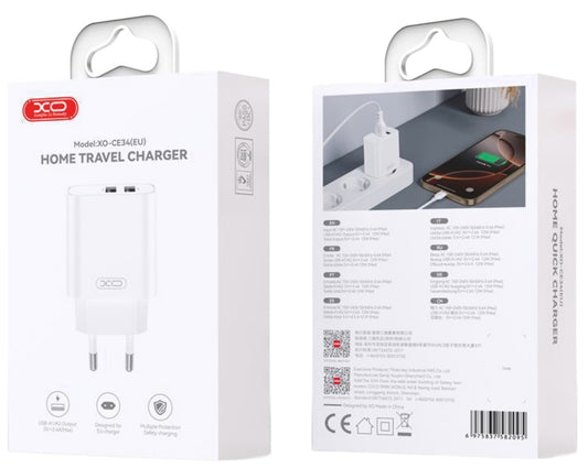 Netzladegerät XO Design CE34, 12W, 2.4A, 2 x USB-A, Weiß