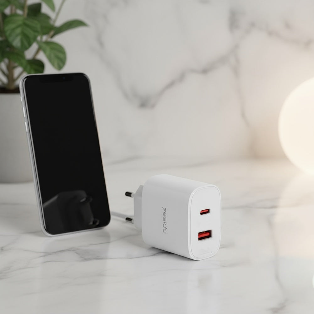 Netzladegerät Yesido YC02E, 20W, 3A, 1 x USB-A - 1 x USB-C, Weiß