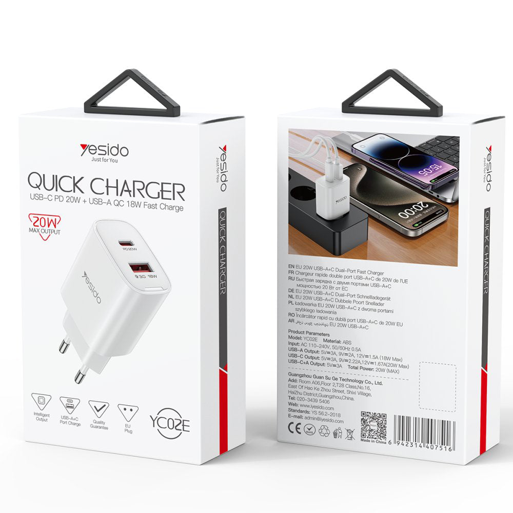 Netzladegerät Yesido YC02E, 20W, 3A, 1 x USB-A - 1 x USB-C, Weiß