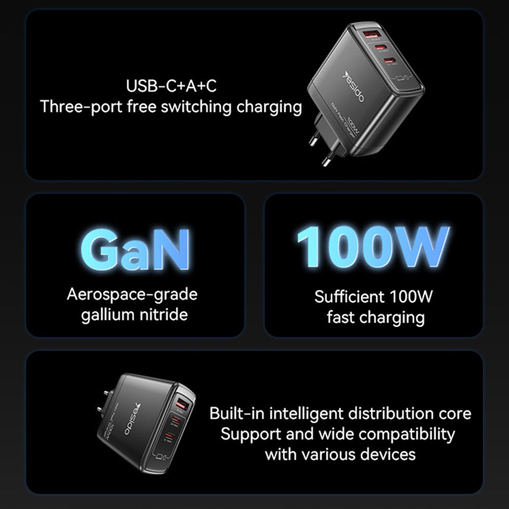 Netzladegerät Yesido YC142, 100W, 5A, 1 x USB-A - 2 x USB-C, Schwarz