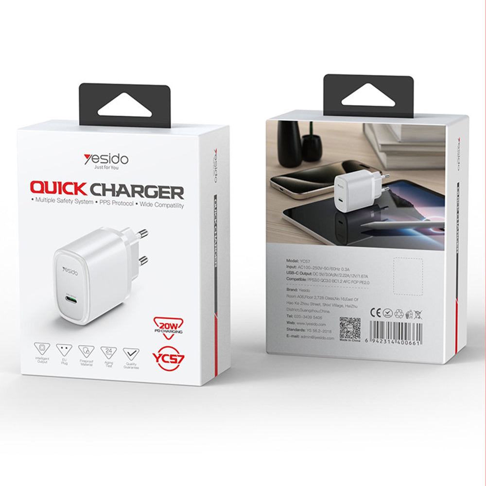 Yesido YC57 Network Charger, 20W, 3A, 1 x USB-C, White