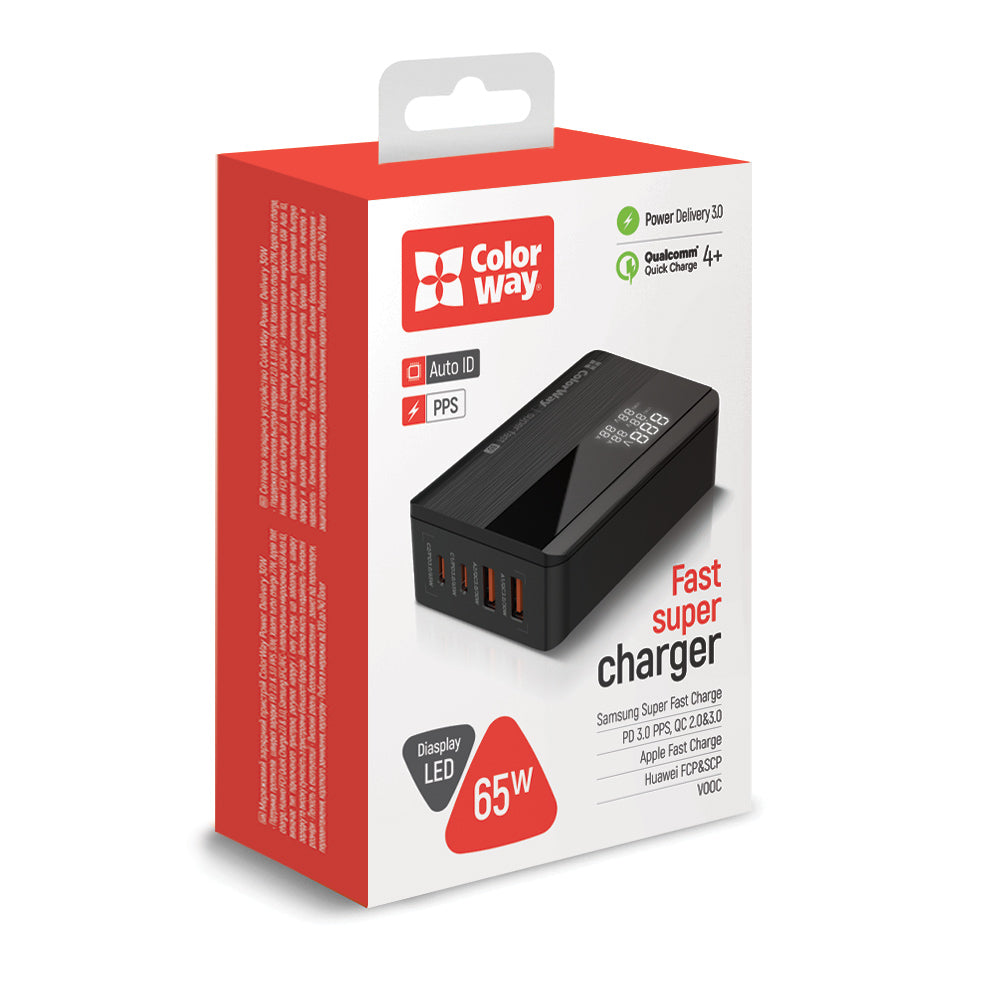 Ladestation ColorWay Display, 65W, 3.25A, 2 x USB-A - 2 x USB-C, Schwarz